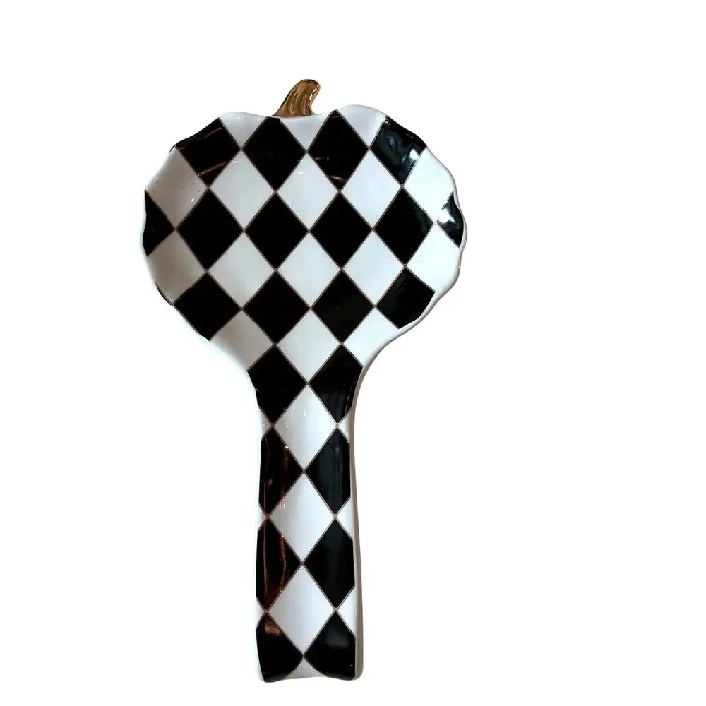 Black & White Harlequin Pumpkin Spoon Rest 10in Ceramic Checkered Halloween NEW